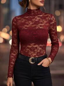 SHEIN Clasi 女款蕾絲立領長袖透視修身性感上衣 夏/秋/冬 奢華商務約會之夜 可愛時尚 基本款 婚禮 外出穿搭 酒紅色 - 紅色 - 查看 1