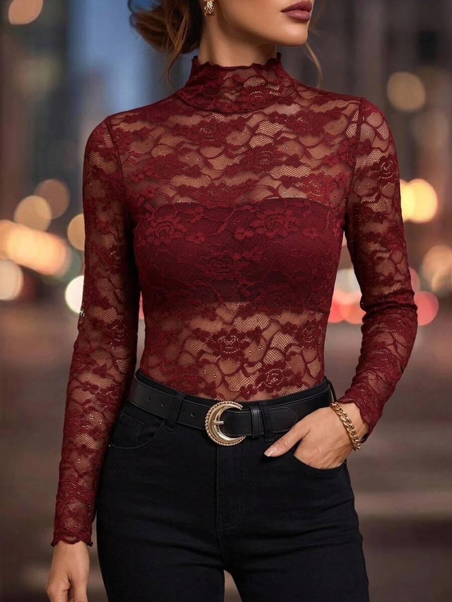SHEIN Clasi 女款蕾絲立領長袖透視修身性感上衣 夏/秋/冬 奢華商務約會之夜 可愛時尚 基本款 婚禮 外出穿搭 酒紅色 - 紅色 - 查看 1