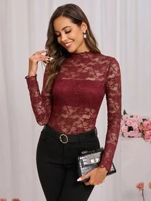 SHEIN Clasi 女款蕾絲立領長袖透視修身性感上衣 夏/秋/冬 奢華商務約會之夜 可愛時尚 基本款 婚禮 外出穿搭 酒紅色 - 紅色 - 查看 3