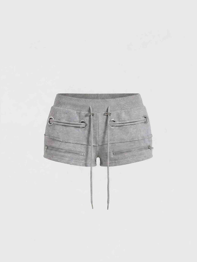 Grunge Punk Short taille très basse mini avec lacets métalliques vintage et délavé style Y2K