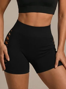SHEIN Sports Women's Seamless Simple Solid Color Hollow Out Sports Shorts Boot ShortsWomen Sweat Short, Gym Short, Biker Short - Black - View 4