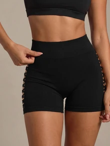 SHEIN Sports Women's Seamless Simple Solid Color Hollow Out Sports Shorts Boot ShortsWomen Sweat Short, Gym Short, Biker Short - Black - View 3