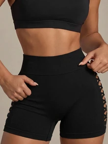SHEIN Sports Women's Seamless Simple Solid Color Hollow Out Sports Shorts Boot ShortsWomen Sweat Short, Gym Short, Biker Short - Black - View 6