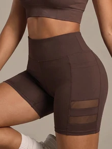 SHEIN Sports Women's Solid Color Contrast Mesh Sports Shorts (With Pockets) - Coffee Brown - View 1