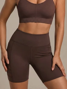 SHEIN Sports Women's Solid Color Contrast Mesh Sports Shorts (With Pockets) - Coffee Brown - View 6
