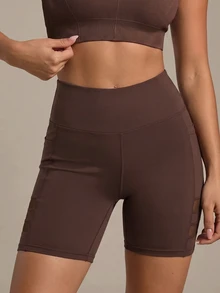 SHEIN Sports Women's Solid Color Contrast Mesh Sports Shorts (With Pockets) - Coffee Brown - View 5