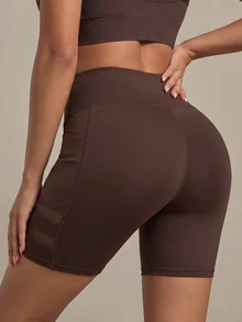 SHEIN Sports Women's Solid Color Contrast Mesh Sports Shorts (With Pockets) - Coffee Brown - View 2