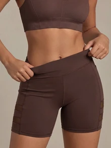 SHEIN Sports Women's Solid Color Contrast Mesh Sports Shorts (With Pockets) - Coffee Brown - View 3