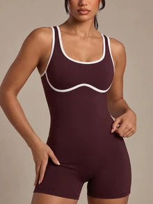 SHEIN Cheerettes 细肩带连体裤露背蜜桃臀普拉提健身运动服女式，露背空中瑜伽连体裤新款 - 棕色 - 查看 6