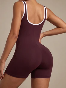 SHEIN Cheerettes 细肩带连体裤露背蜜桃臀普拉提健身运动服女式，露背空中瑜伽连体裤新款 - 棕色 - 查看 3
