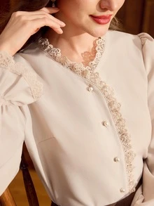 Vintamour 女款蕾絲休閒法式襯衫 優雅秋季辦公商務工作校園穿搭 教師節 2026 秋冬返校可愛上衣 杏色 - 杏色 - 查看 3