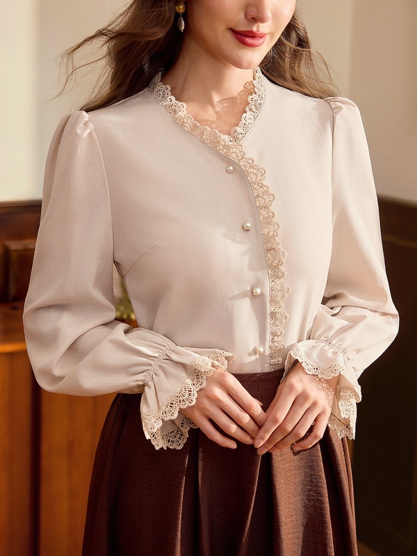 Vintamour Women's Lace Casual Frenchy Blouse Elegant Autumn Office Business Work School Outfits Teachers' Day Fall Winter 2026 Back To School Blouse Cute Tops