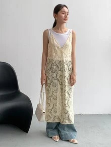 FRIFUL 夏季优雅蕾丝深V领宽松吊带连衣裙，休闲女装 - 杏色 - 查看 2