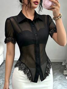 Elenzga 女款夏季性感透視蕾絲拼接上衣 - 黑色 - 查看 1