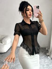 Elenzga 女款夏季性感透視蕾絲拼接上衣 - 黑色 - 查看 3