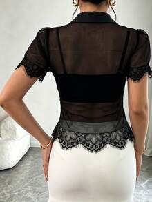 Elenzga 女款夏季性感透視蕾絲拼接上衣 - 黑色 - 查看 2