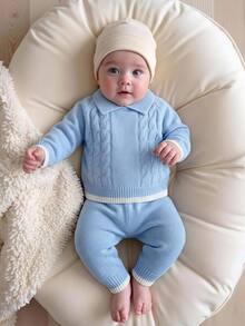 Souflis Baby Boy Fashionable Cute Twisted Rope Contrast Color Knit Top + Woolen Pants Sweater Set Autumn Fall - Baby Blue - View 9