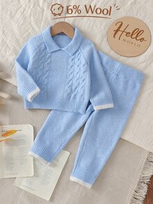 Souflis Baby Boy Fashionable Cute Twisted Rope Contrast Color Knit Top + Woolen Pants Sweater Set Autumn Fall - Baby Blue - View 3