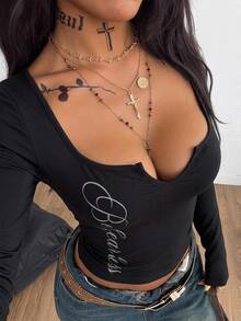 Coolane 女款 Y2K 街頭風樹枝圖案緊身胸衣式 V 領 T 恤 - 黑色 - 查看 3