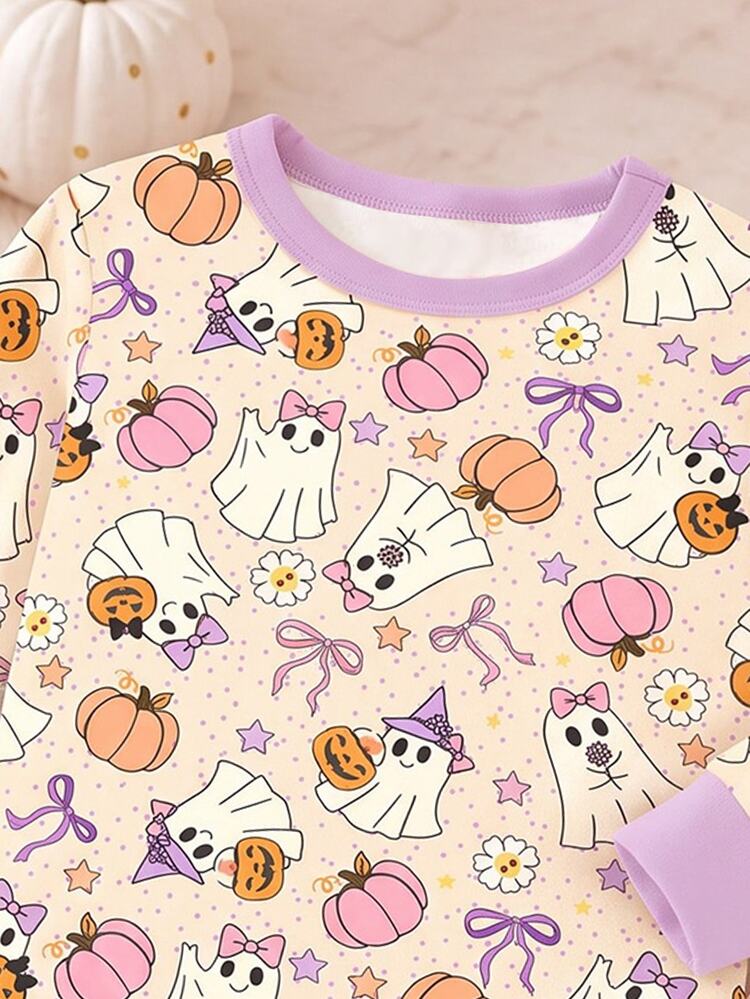 Cream & Purple Colorblock Magic Lilac Cute Cartoon Bow Halloween Ghost & Pumpkin Print Baby Girl Casual Simple Comfortable Long Sleeve Top & Pants Loungewear Set, Snug Fit, Suitable For Autumn/Winter, Halloween, Pumpkin Festival, Thanksgiving, Autumn New, Party, Parent-Child Outfit, Random 1pc - Multicolor - View 5