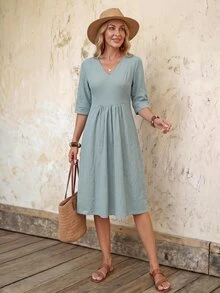 EMERY ROSE Women's Solid Color V-Neck Short Sleeve Casual Midi Dress Teachers' Day Office Dusty Blue Fall 100 Cotton Dress - Green - View 3