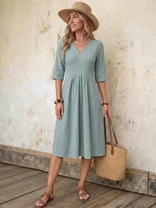 EMERY ROSE Women's Solid Color V-Neck Short Sleeve Casual Midi Dress Teachers' Day Office Dusty Blue Fall 100 Cotton Dress - Green - View 4