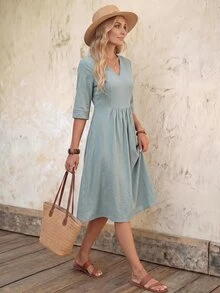 EMERY ROSE Women's Solid Color V-Neck Short Sleeve Casual Midi Dress Teachers' Day Office Dusty Blue Fall 100 Cotton Dress - Green - View 5
