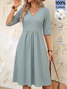 EMERY ROSE Women's Solid Color V-Neck Short Sleeve Casual Midi Dress Teachers' Day Office Dusty Blue Fall 100 Cotton Dress - Green - View 1