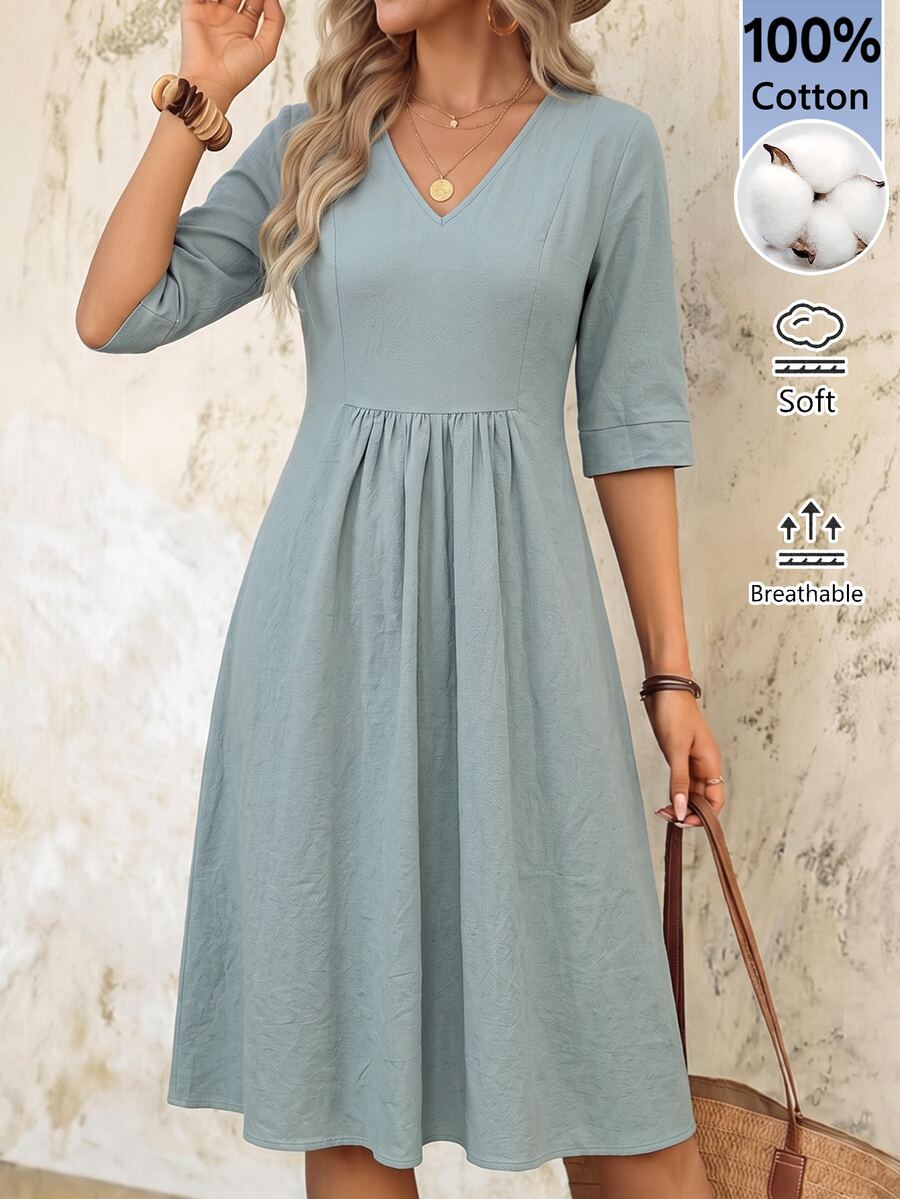 EMERY ROSE Women's Solid Color V-Neck Short Sleeve Casual Midi Dress Teachers' Day Office Dusty Blue Fall 100 Cotton Dress - Green - View 1