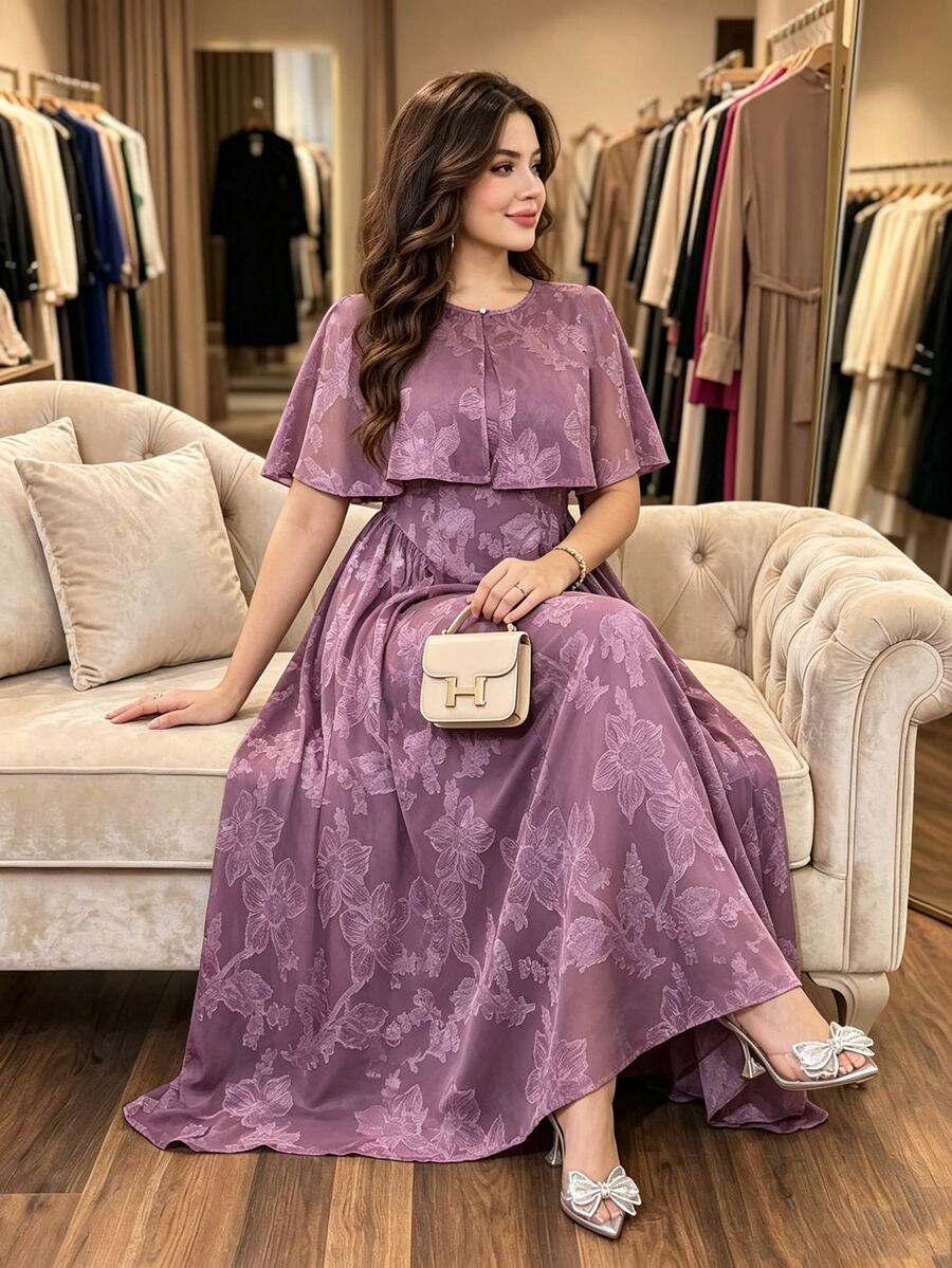 Modelyn Cut-Out Design Cape mit ärmellosem Kleid, Lotus-Rosa 2 Stücke Set, elegant modisch luxuriös im Promi-Stil, Große Größen - Altrosa - Übersicht 1