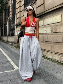 Coolane 女款拼色抽繩腰寬腿休閒運動長褲 - 灰色 - 查看 4