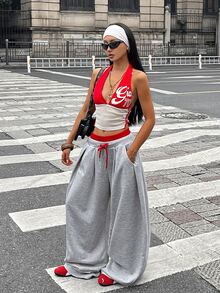 Coolane 女款拼色抽繩腰寬腿休閒運動長褲 - 灰色 - 查看 7