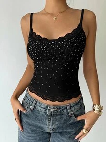 Aloruh Women's Sexy Y2K Lace Patchwork Rhinestone Camisole,Summer Top - White - View 6