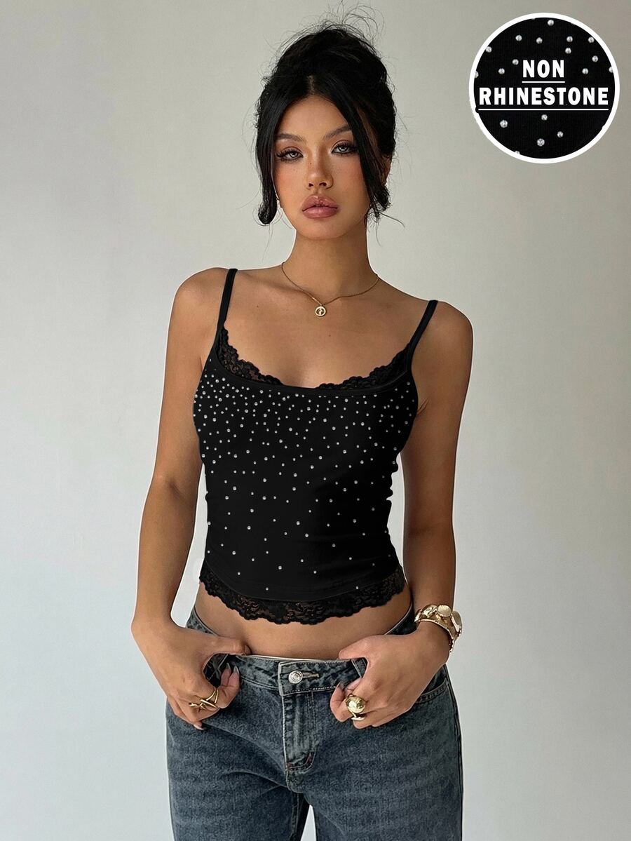 Aloruh Women's Sexy Y2K Lace Patchwork Rhinestone Camisole,Summer Top - White - View 1