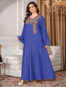 SHEIN Najma 大码女式叶子几何图案数码印花V领长袖优雅阿拉伯风格长款连衣裙，春夏款 - 彩色 - 查看 4