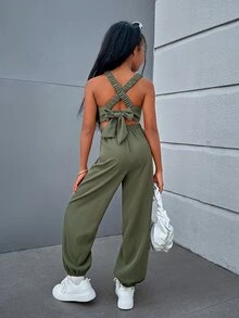SHEIN Tween女孩酷炫潮流街頭風格純色編織連身褲，交叉後背帶和開放背部，春夏款 - 綠色 - 查看 6