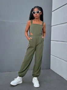 SHEIN Tween女孩酷炫潮流街頭風格純色編織連身褲，交叉後背帶和開放背部，春夏款 - 綠色 - 查看 4