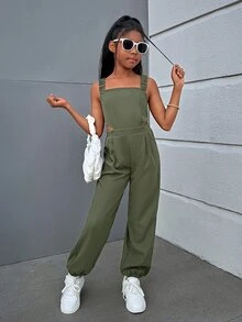 SHEIN Tween女孩酷炫潮流街頭風格純色編織連身褲，交叉後背帶和開放背部，春夏款 - 綠色 - 查看 5