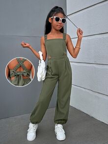SHEIN Tween女孩酷炫潮流街頭風格純色編織連身褲，交叉後背帶和開放背部，春夏款 - 綠色 - 查看 1