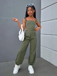SHEIN Tween女孩酷炫潮流街頭風格純色編織連身褲，交叉後背帶和開放背部，春夏款 - 綠色 - 查看 2