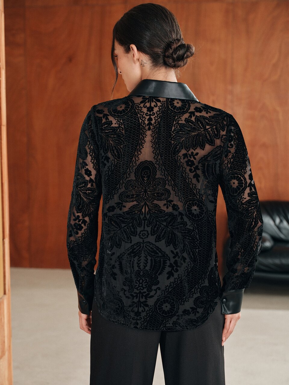 Anewsta Premium Black Velvet & Leather Patchwork Shirt For Women, Luxury Lapel Long Sleeve Top