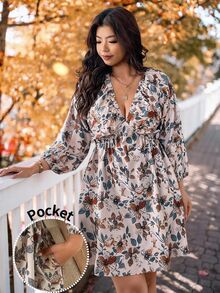 SHEIN Frenchy 大尺碼女款休閒波西米亞風花卉印花洋裝，適合度假、日常、早午餐、下午茶、外出、秋季辦公商務工作，米色 - 彩色 - 查看 7