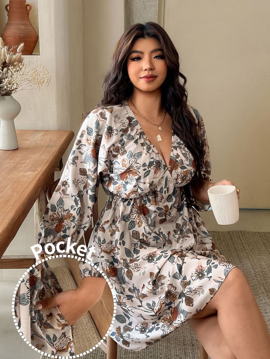 SHEIN Frenchy 大尺碼女款休閒波西米亞風花卉印花洋裝，適合度假、日常、早午餐、下午茶、外出、秋季辦公商務工作，米色