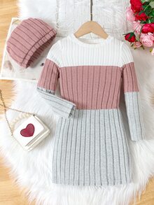 Genkimix Kids Young Girls Colorblock Rib-Knit Sweater Dress With Hat, Long Sleeve Knitwear Dresst, Casual Warm Winter Outfits - Multicolor - View 4