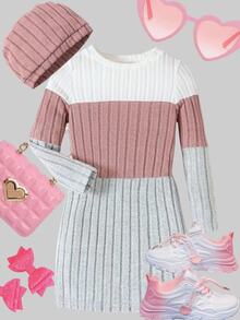 Genkimix Kids Young Girls Colorblock Rib-Knit Sweater Dress With Hat, Long Sleeve Knitwear Dresst, Casual Warm Winter Outfits - Multicolor - View 3