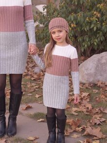 Genkimix Kids Young Girls Colorblock Rib-Knit Sweater Dress With Hat, Long Sleeve Knitwear Dresst, Casual Warm Winter Outfits - Multicolor - View 8