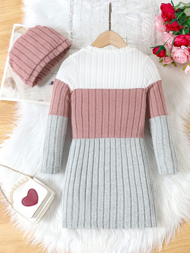 Genkimix Kids Young Girl Soft Round Neck Long Sleeve Patchwork Long Dress With Cap In Autumn - Multicolor - View 2