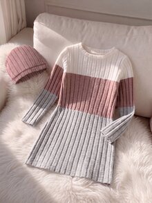 Genkimix Kids Young Girls Colorblock Rib-Knit Sweater Dress With Hat, Long Sleeve Knitwear Dresst, Casual Warm Winter Outfits - Multicolor - View 1