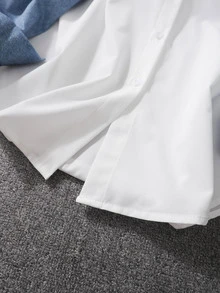 Resyla 大尺碼女款對比色牛仔效果印花單排扣長袖襯衫 - 彩色 - 查看 3