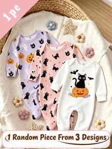 Oo Cute To Spook 幼童女童萬聖節服裝，可愛幽靈貓南瓜印花，每單隨機 1 件，柔軟布料 - 彩色 - 查看 3